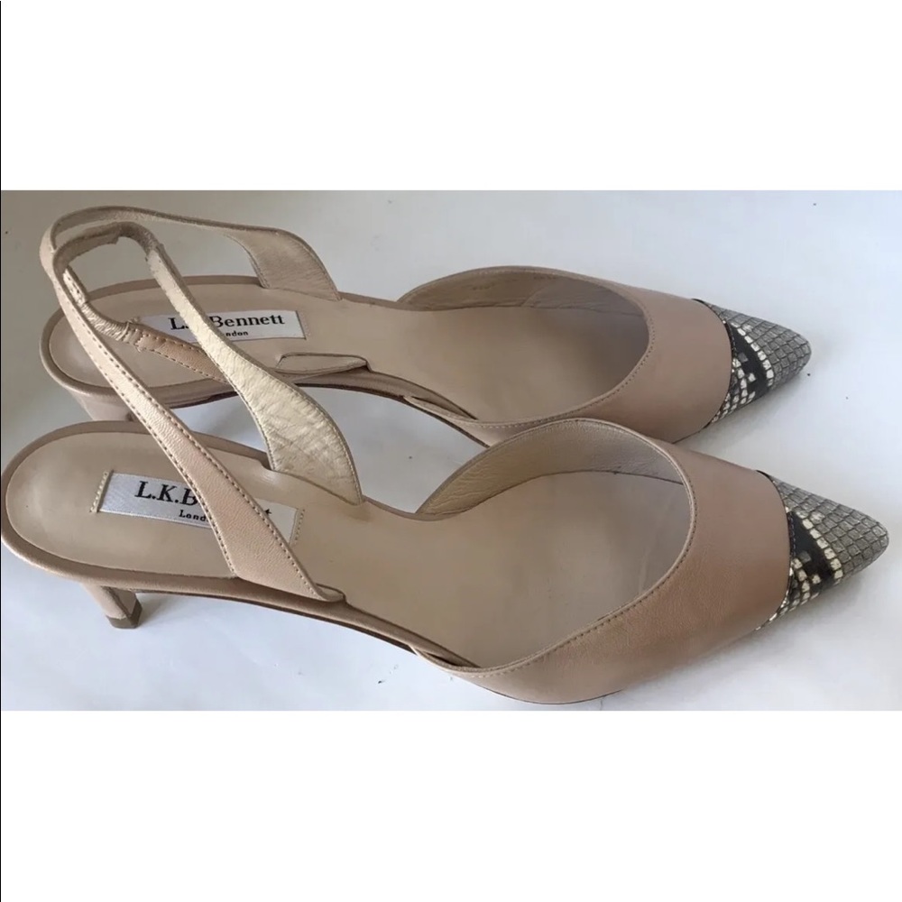 New L.K. Benett Women Pointy Tie Sling Back Stiletto Nude Gray Snake Leather 40